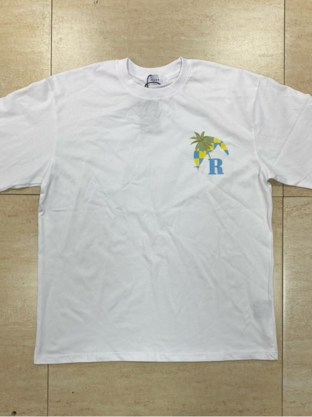 Rhude White Short-Sleeve Tee with Palm & Blue 'R' Graphic
